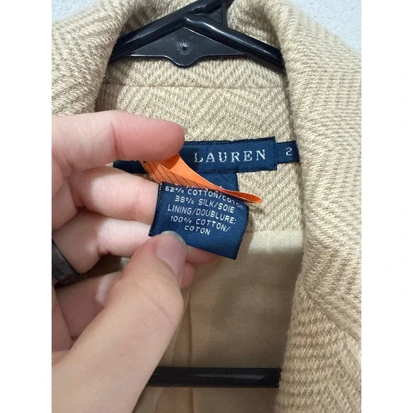 Ralph Lauren Tan Herringbone Blazer Women's Size 2 Cotton/Silk Blend Equestrian - Picture 3 of 7